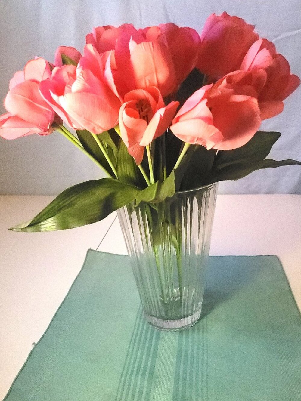 1970s Clear Fluted Ribbed Glass Vase with Faux Pink Tulip Arrangement 18"
